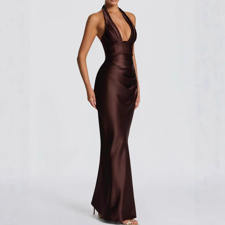 Damen Elegantes langes Abendkleid mit tiefem V-Ausschnitt Drune