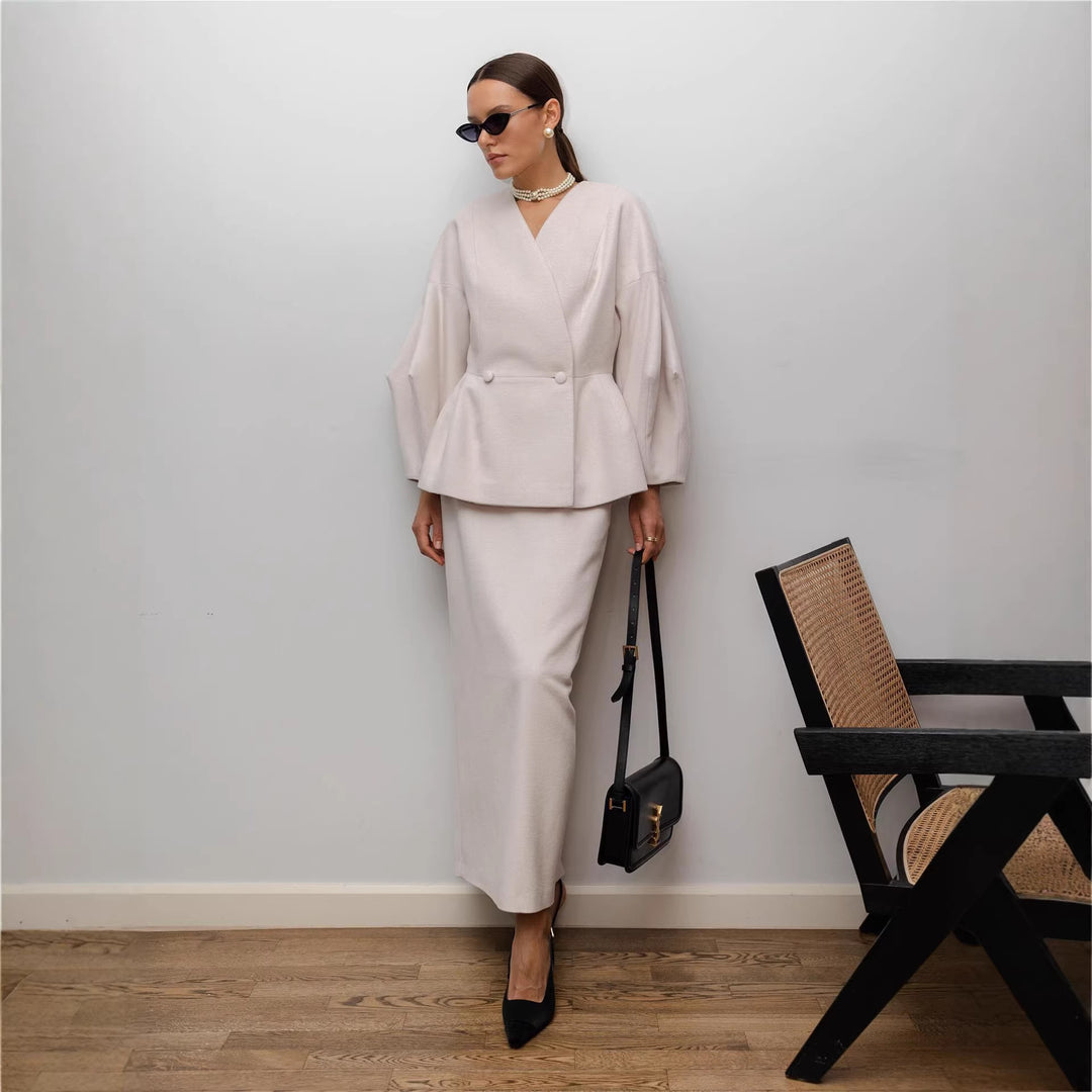 Damen Elegantes Bleistiftkleid mit schickem Blazer-Oberteil und Puffärmeln Drune