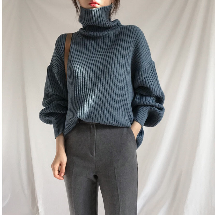 Damen Grobstrickpullover mit hohem Kragen und voluminösen Ärmeln Drune
