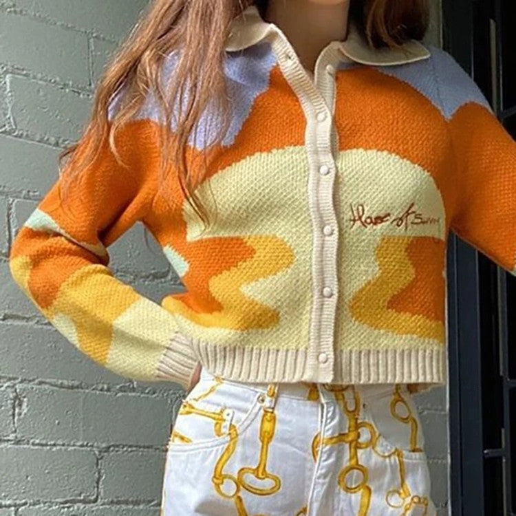 Damen modische Strickjacke mit kreativem Farbverlauf und Kragen Drune