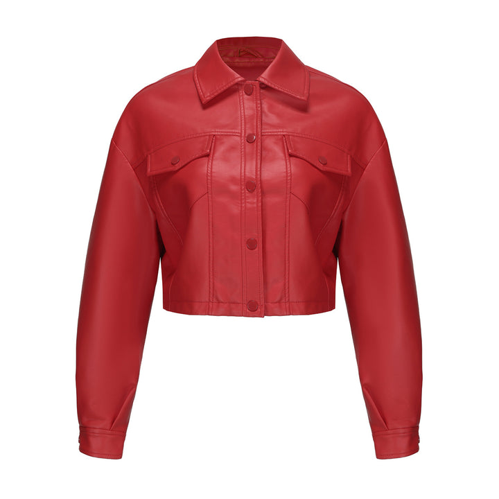 Damen nan kurze Oversized-Kunstlederjacke im Trucker-Stil mit Pattentaschen und verdeckter Druckknopfleiste Drune