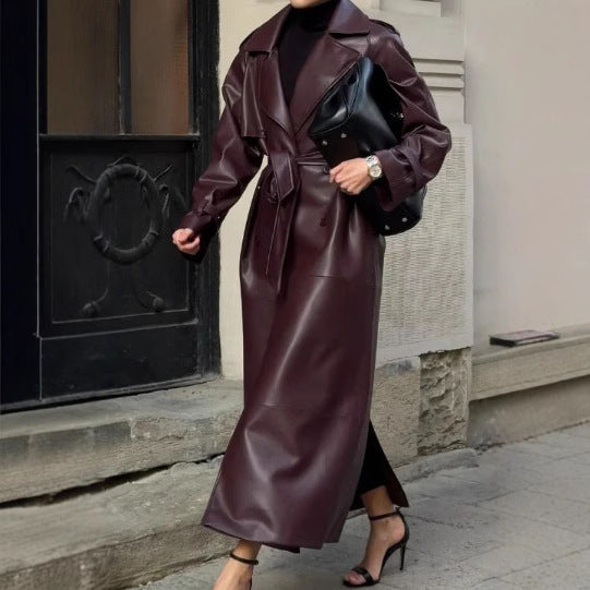 Damen Trenchcoat aus hochwertigem Kunstleder mit taillierbarem Gürtel Drune