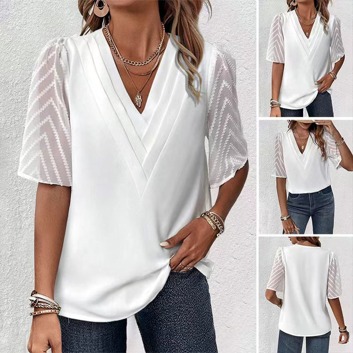 Damen nan elegantes Chiffon-Oberteil mit plissierter V-Passe und transparenten Zickzackärmeln Drune