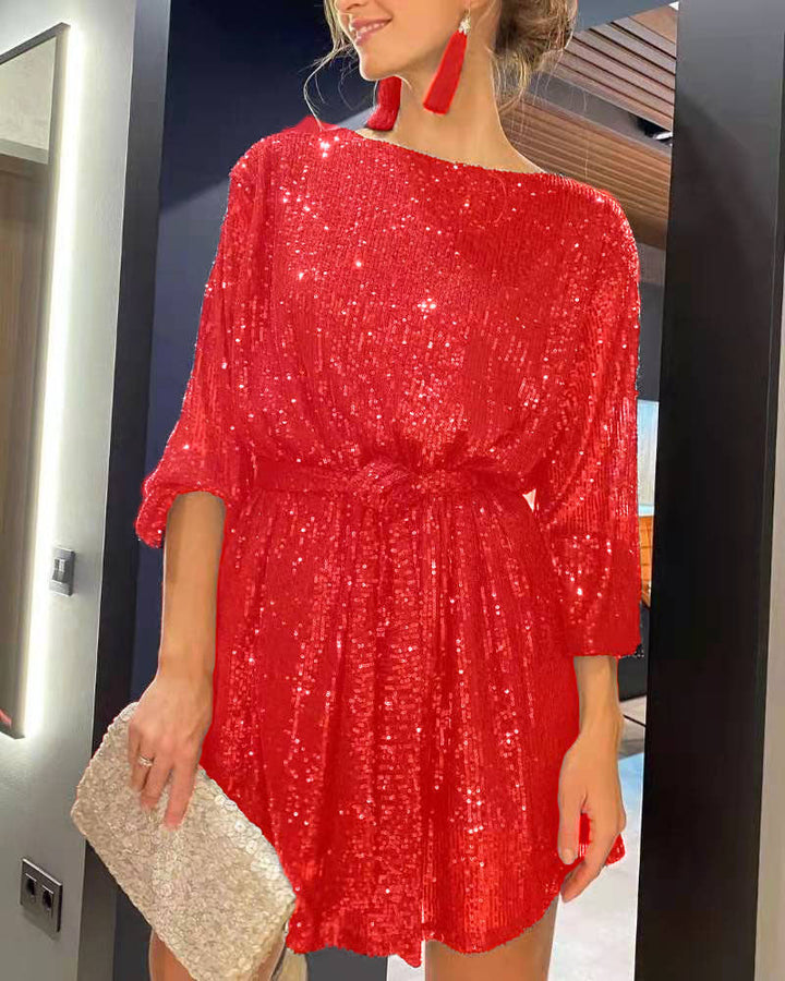 Drune | Urlaubsfestmode Pailletten Taillengürtel Kleid