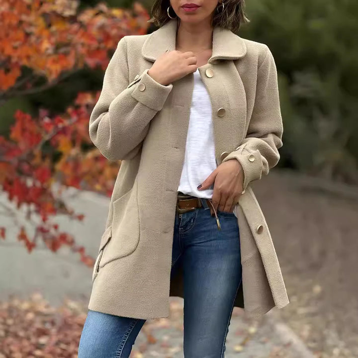 Damen gemütlicher Oversized-Mantel mit großen Taschen und Knopfdetails Drune