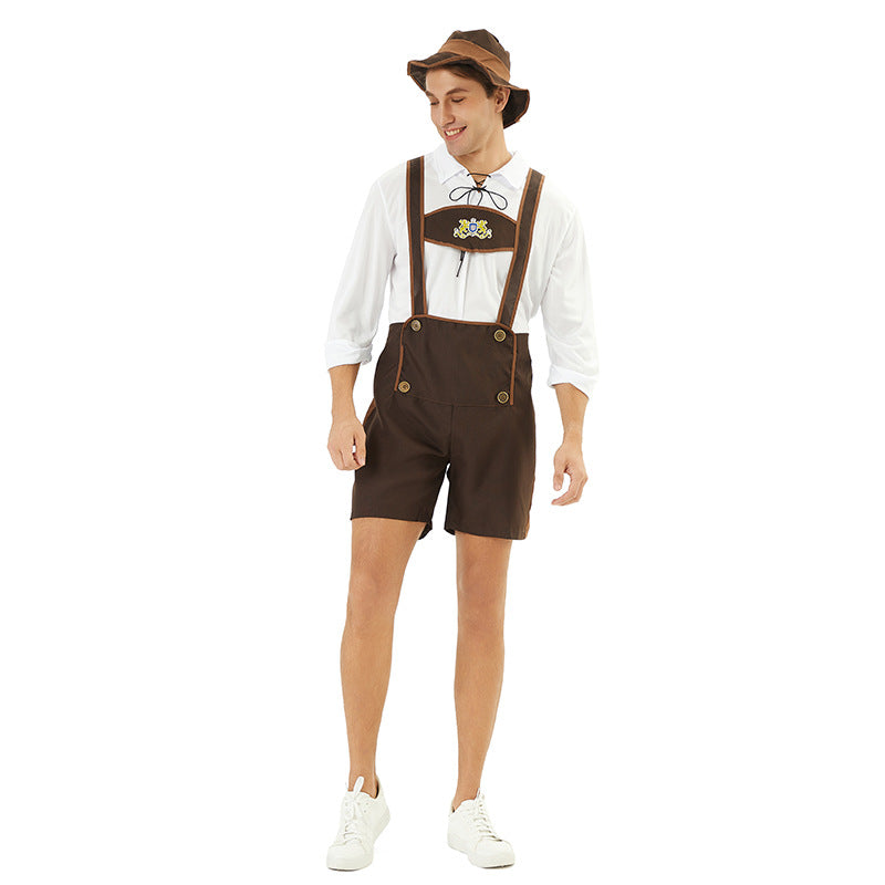 Herren nan kurze Trachtenlederhose mit verstellbaren Trägern und besticktem Brustlatz Drune