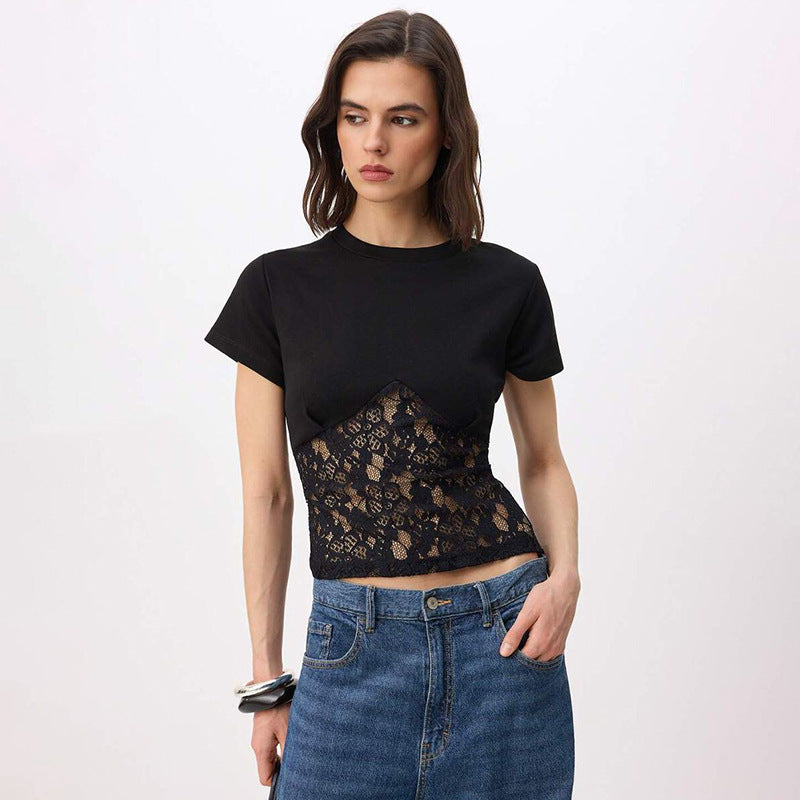 Damen Elegantes Oberteil aus Spitze und Jersey Drune