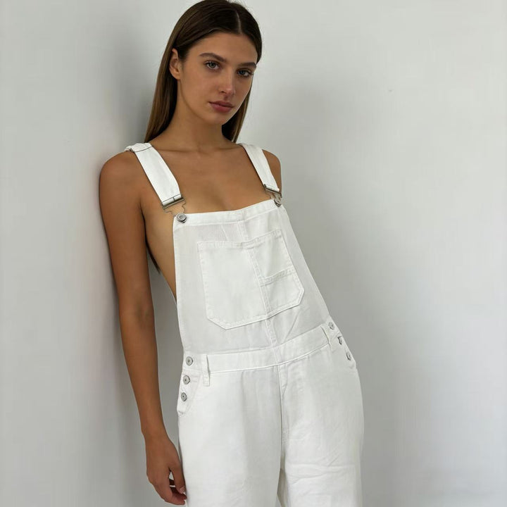 Damen nan weiche Denim-Latzhose mit weitem Bein, verstellbaren Trägern und Pattentasche Drune