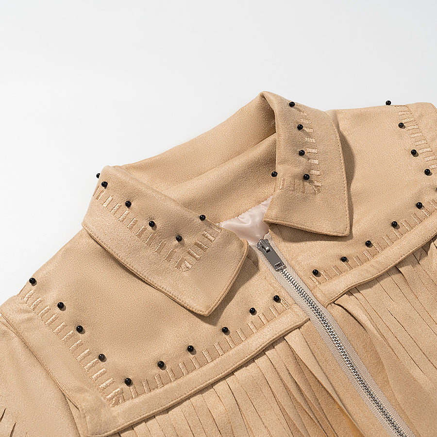 Damen Fransenjacke mit dekorativen Nieten und Reißverschluss Drune