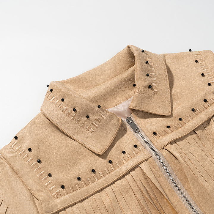 Damen Fransenjacke mit dekorativen Nieten und Reißverschluss Drune