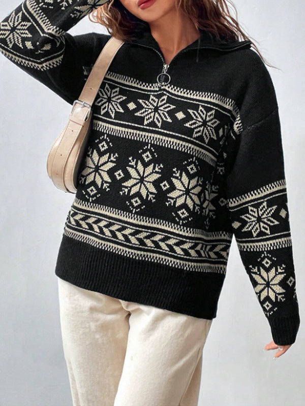 Damen Winterpullover mit modernem Schneeflocken-Design und hohem Kragen Drune