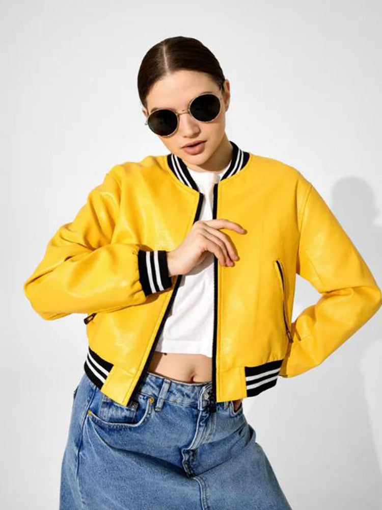 Damen modische Kunstleder-Bomberjacke mit elastischen Bündchen und Taschen Drune