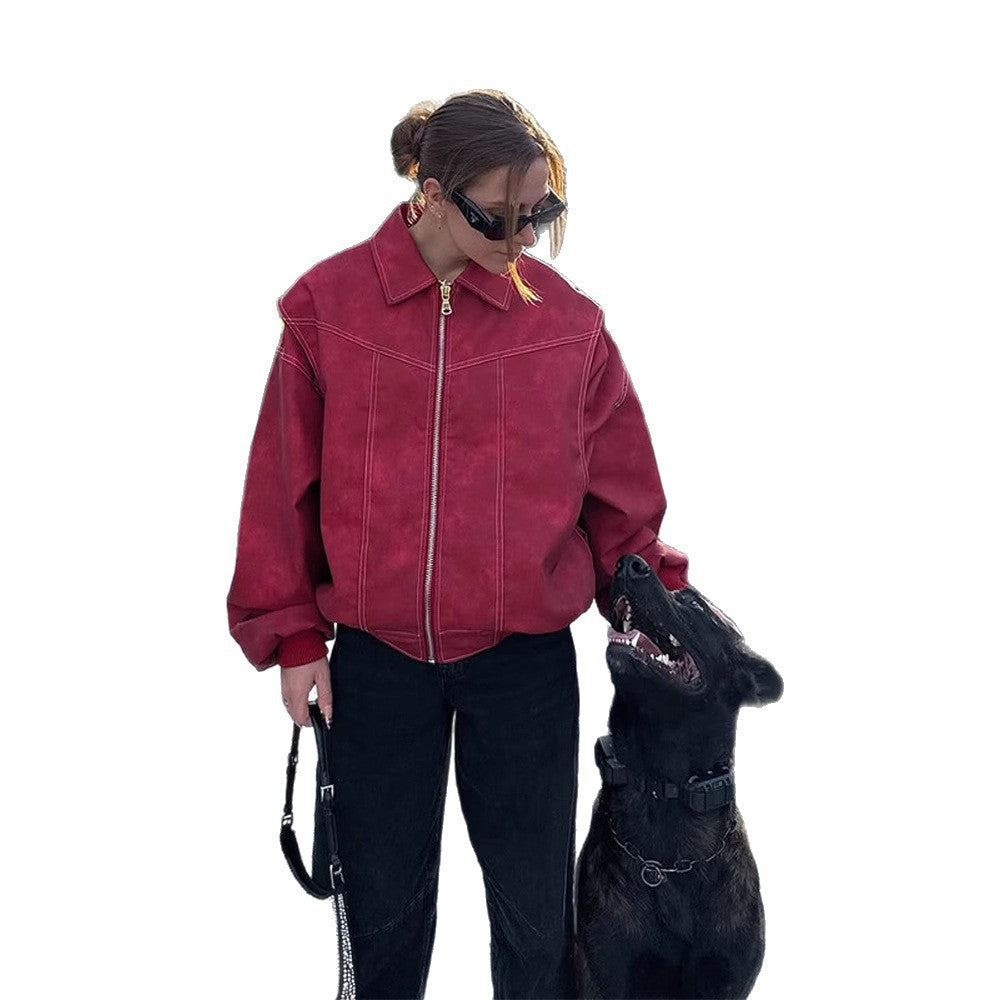 Damen Kunstlederjacke mit voluminösen Ärmeln und hohem Kragen Drune