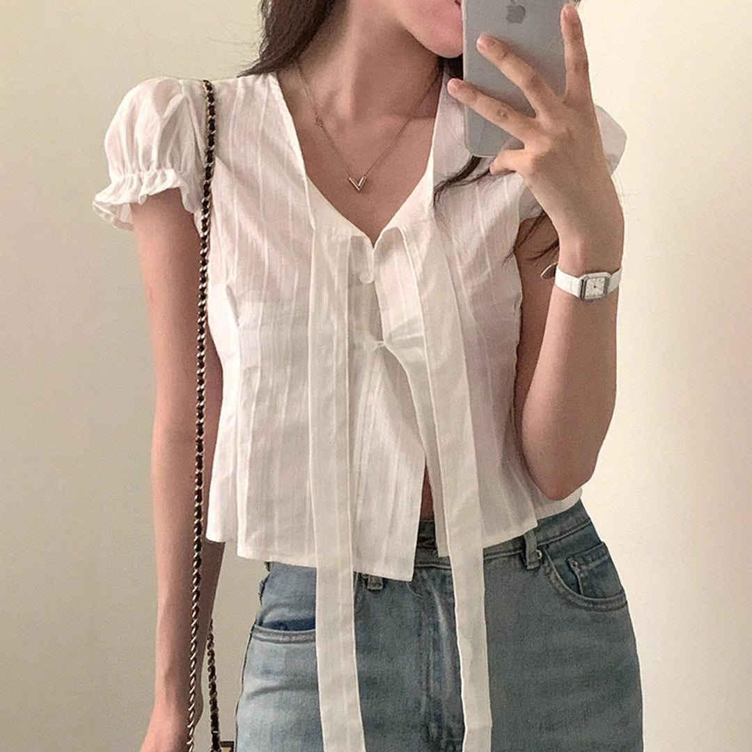 Damen kurzarm bluse mit dekorativen bindebändern Drune