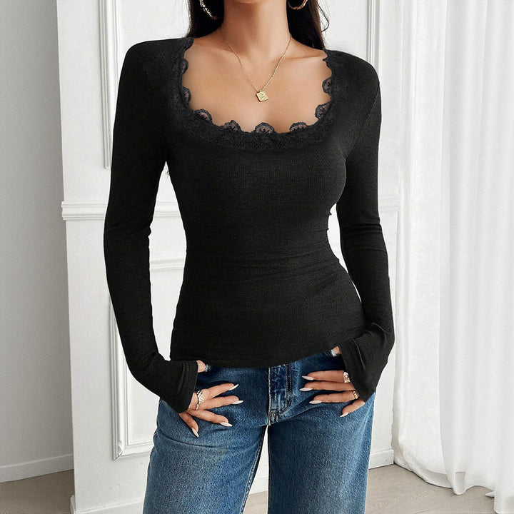 Damen Langarmshirt mit Spitzenrand und figurbetonter Passform Drune