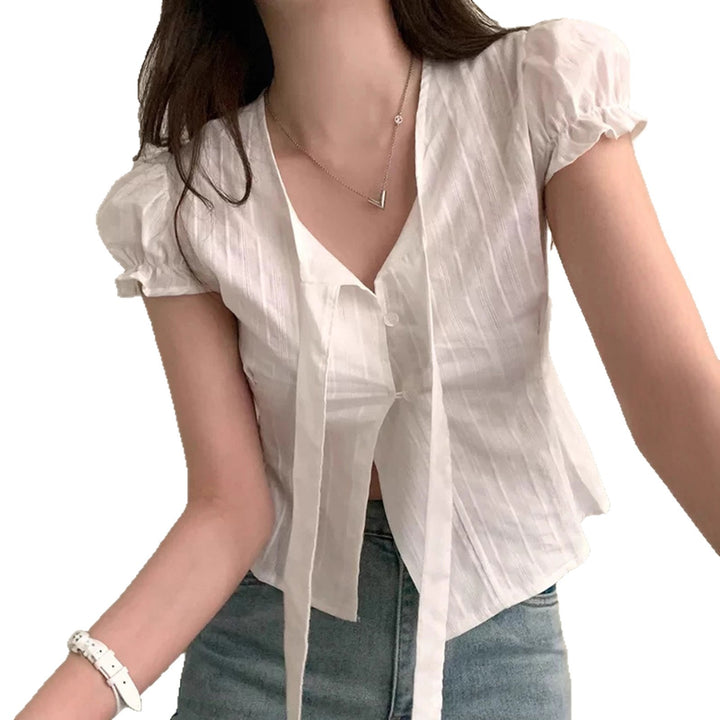 Damen kurzarm bluse mit dekorativen bindebändern Drune