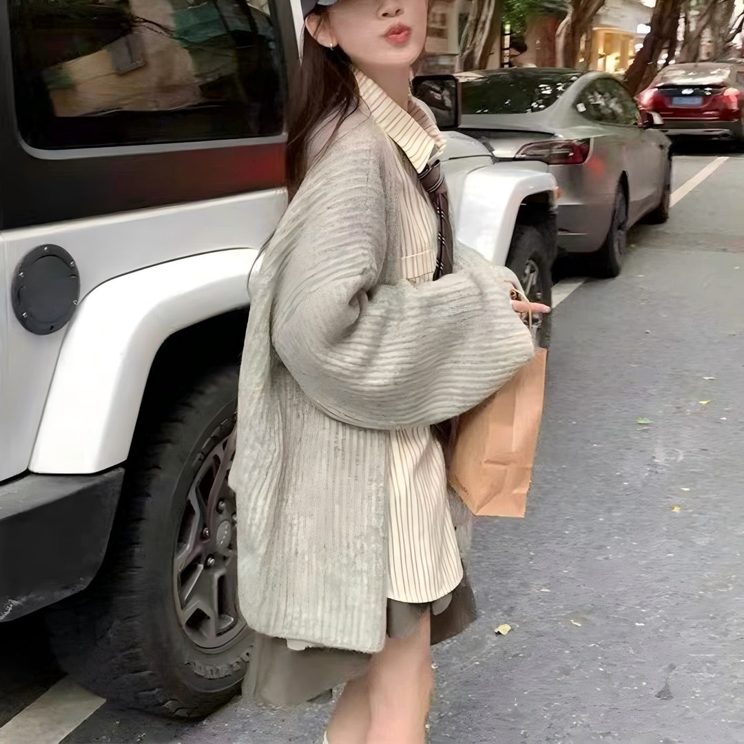 Damen gemütliche Strickjacke mit Knopfverschluss und V-Ausschnitt Drune