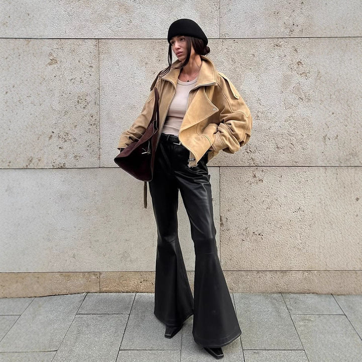 Damen Oversized Wildlederjacke mit asymmetrischem Schnitt und modischen Details Drune