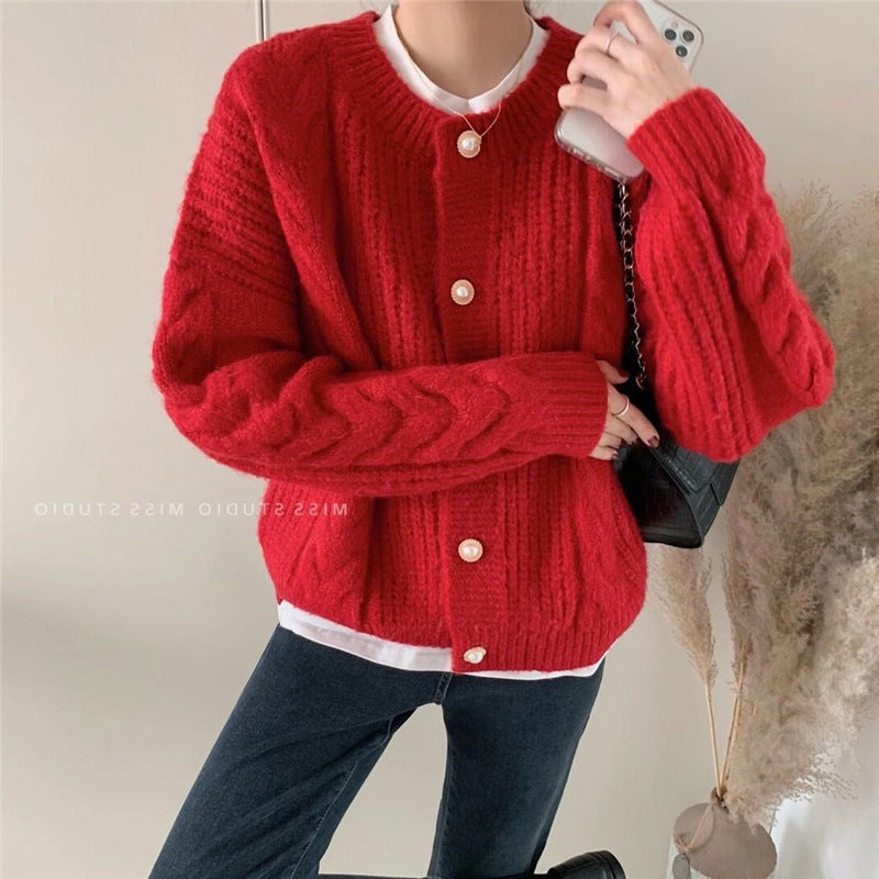 Damen Kuscheliger Strickcardigan mit Perlenknopfdetails und Zopfstruktur Drune