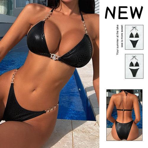 Damen Triangel-Bikini mit elegantem Schlangenprint und goldenen Akzenten Drune