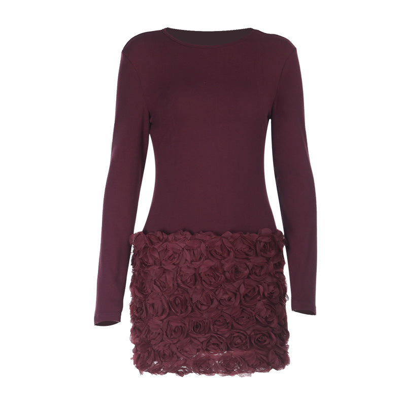 Damen elegantes Minikleid mit floralem Rosendesign und langen Ärmeln Drune