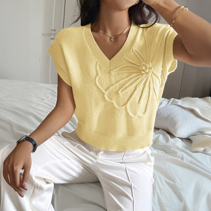 Damen eleganter V-Ausschnitt Pullover mit floralem 3D-Muster Drune