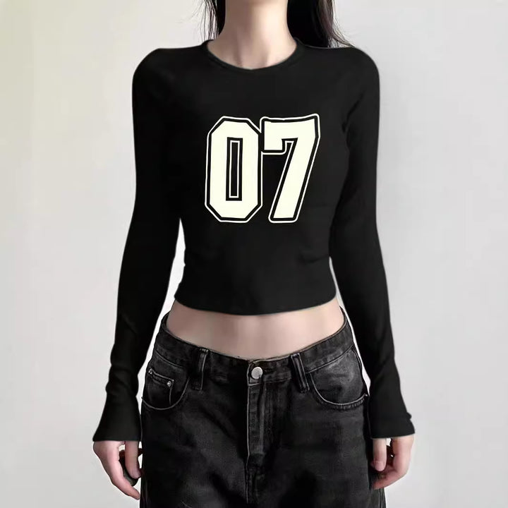 Damen nan figurbetontes Langarmshirt mit niedlichem Gänse-Print, Rundhalsausschnitt und leichtem Stretch Drune