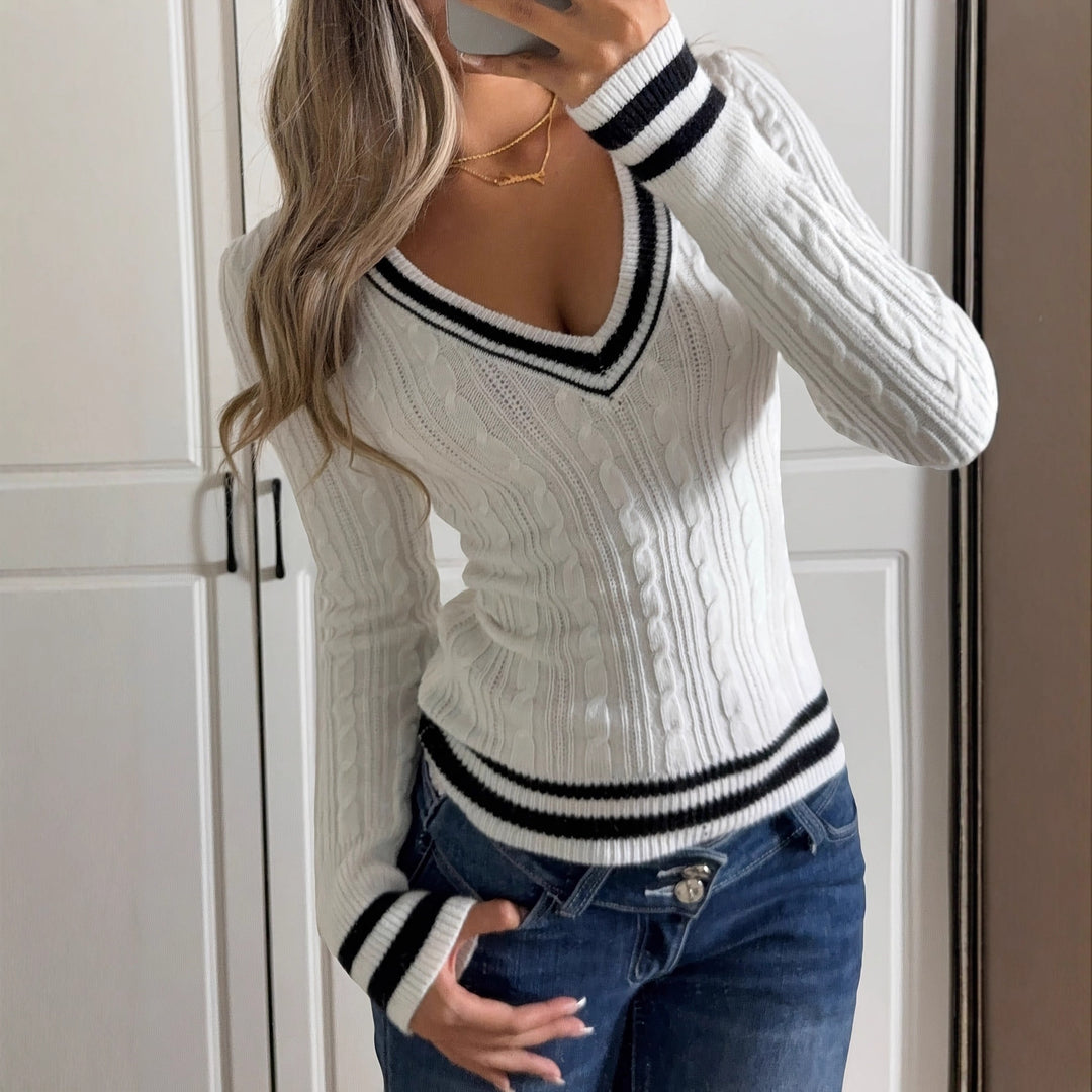 Damen modischer Pullover mit V-Ausschnitt und Zopfmuster Drune