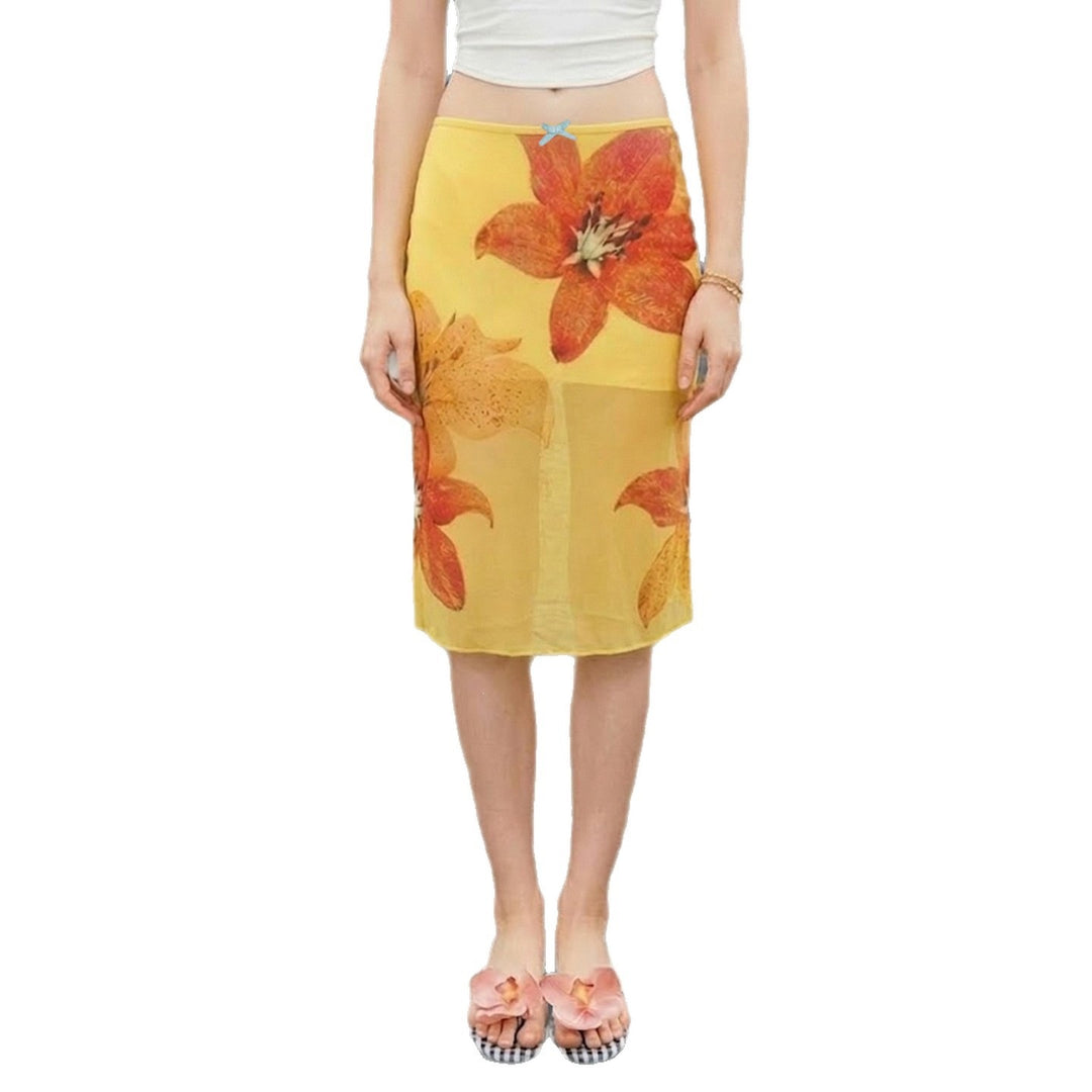 Damen Midi-Rock mit floralem Chiffon und elastischem Bund Drune