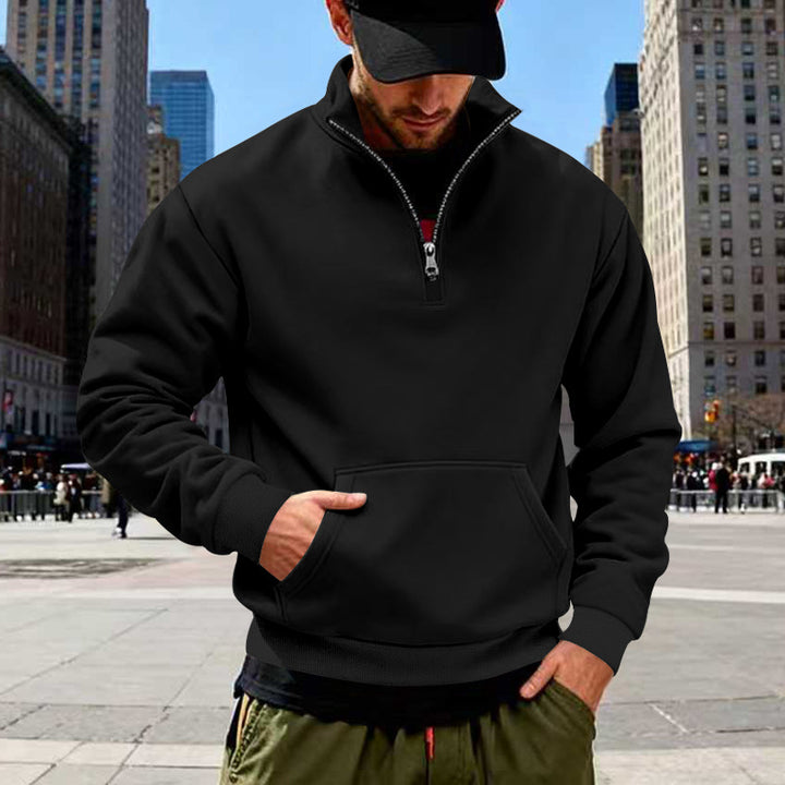 Herren nan Halbzip-Sweatshirt mit Kängurutasche, elastischen Rippbündchen und hohem Stehkragen Drune