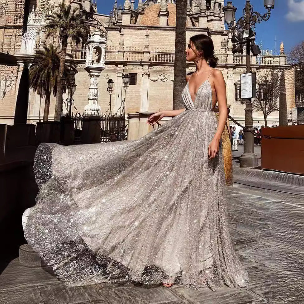 Damen Glamouröses Abendkleid mit tiefem V-Ausschnitt und schimmerndem Tüll Drune