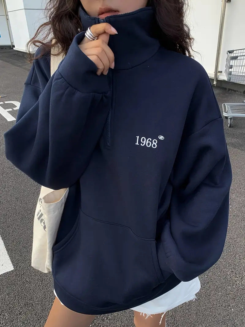 Damen nan oversized Halbzip-Sweatshirt mit hohem Stehkragen, Kängurutasche und lässigem Oversize-Schnitt Drune