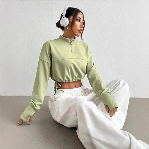 Drune | Crop Pullover Baumwollmischung Bequeme Passform Reißverschlusskragen Ballonärmel