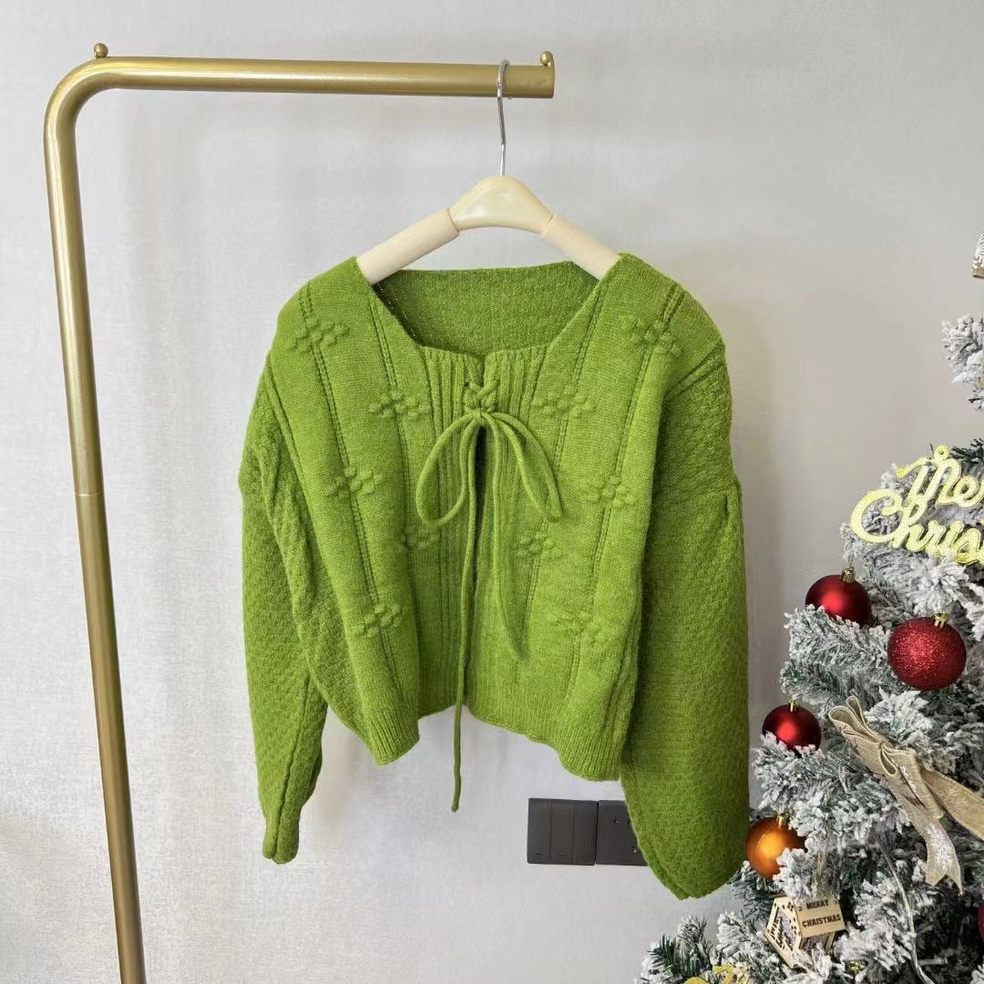 Damen modischer Pullover mit dekorativen Bändchen und strukturiertem Muster Drune