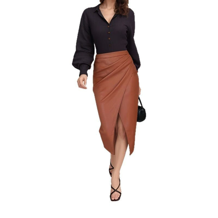 Damen Eleganter Wickelrock aus hochwertigem Kunstleder mit Schlitz Drune