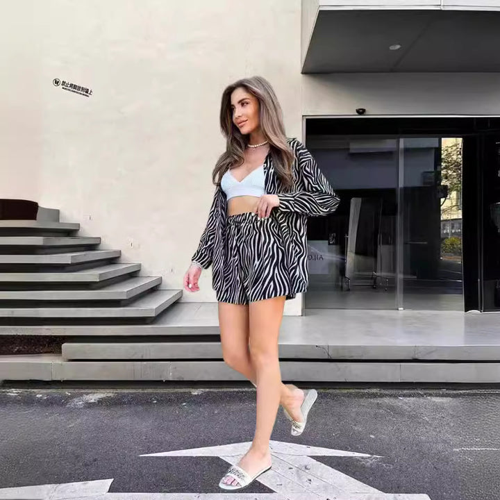Damen elegante Kurzarmbluse mit Zebra-Print Drune