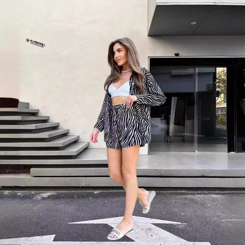 Damen elegante Kurzarmbluse mit Zebra-Print Drune