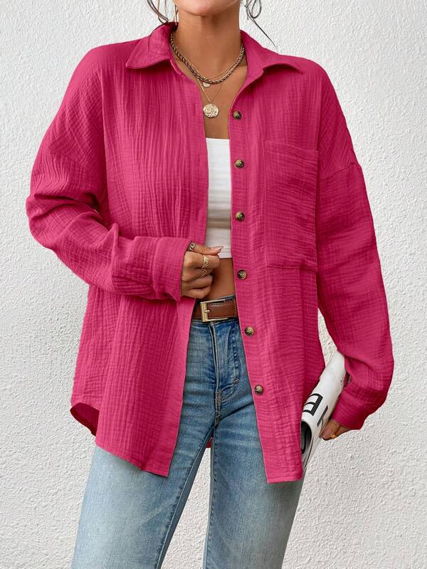 Damen Lässiges Overshirt mit Knopfleiste und Brusttasche Drune