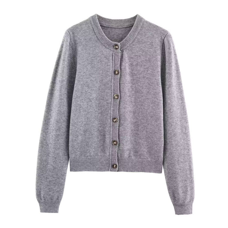 Damen modische Strickjacke mit Rundhalsausschnitt und Knopfdetails Drune