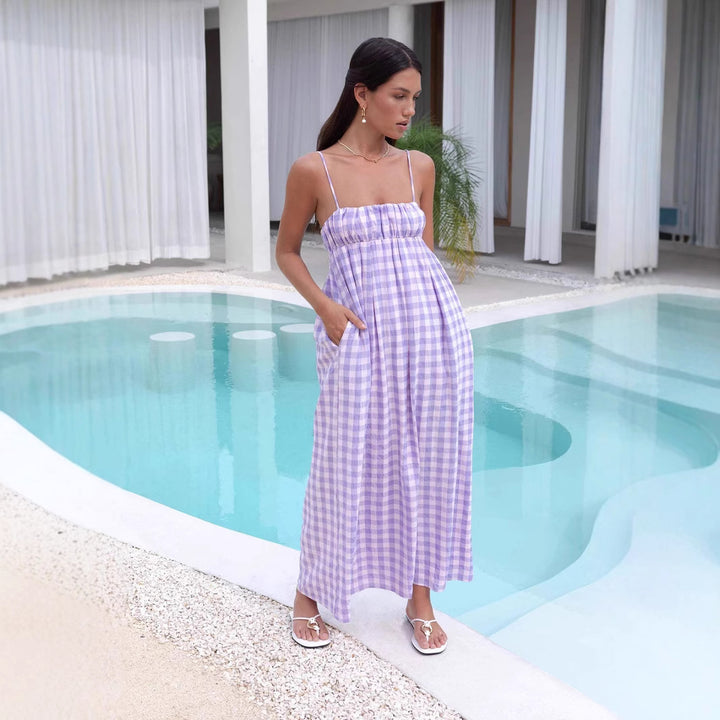 Damen Maxikleid mit Kariertem Muster und Elastischem Oberteil Drune