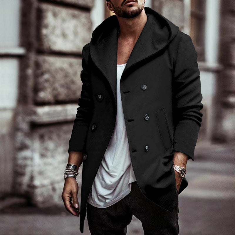 Herren stylischer Hoodie-Mantel mit doppelter Knopfreihe und weitem Kragen Drune