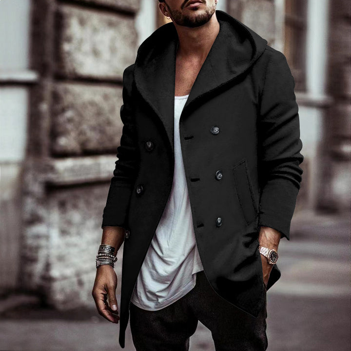 Herren stylischer Hoodie-Mantel mit doppelter Knopfreihe und weitem Kragen Drune