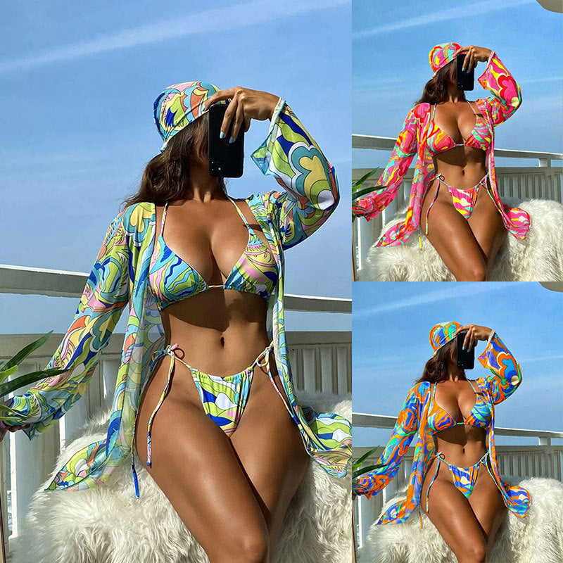 Damen Bunt bedruckter Bikini mit langem Cover-Up Drune