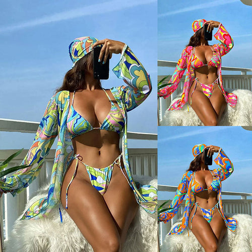 Damen Bunt bedruckter Bikini mit langem Cover-Up Drune