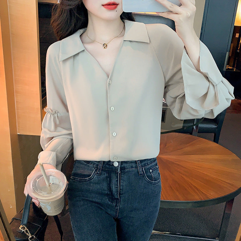 Damen Bluse mit Rüschendetails und V-Ausschnitt Drune