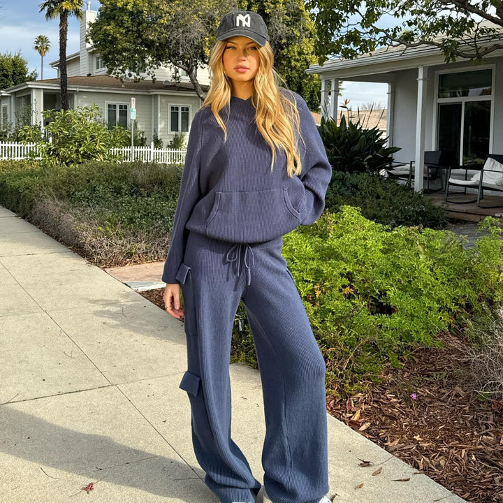 Damen nan gerippter Kapuzenpullover aus Feinstrick mit Kängurutasche und relaxed Fit Drune
