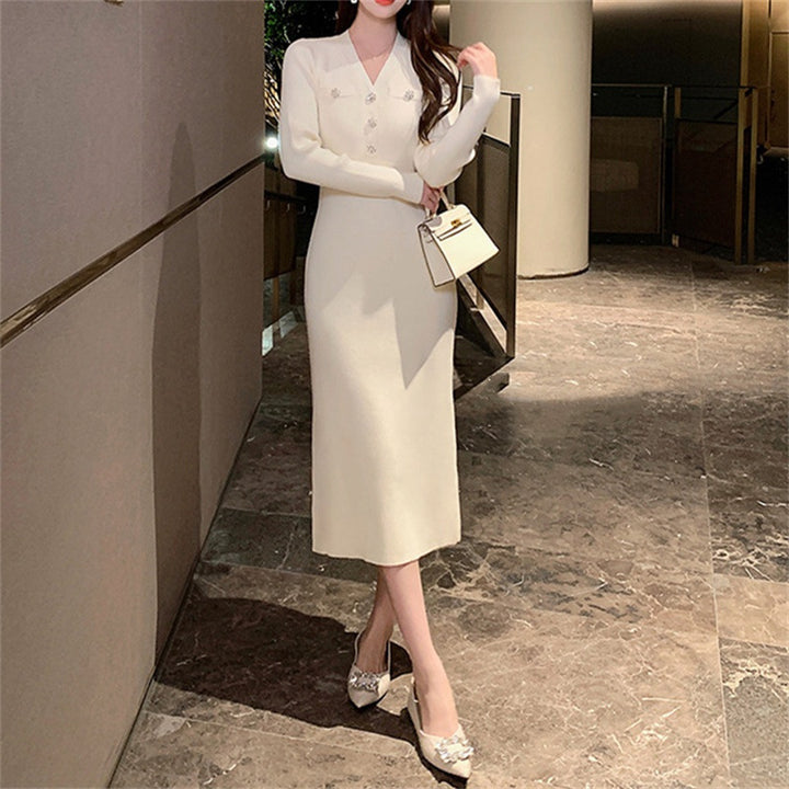 Damen Elegantes Maxikleid mit V-Ausschnitt und Knopfdetails Drune