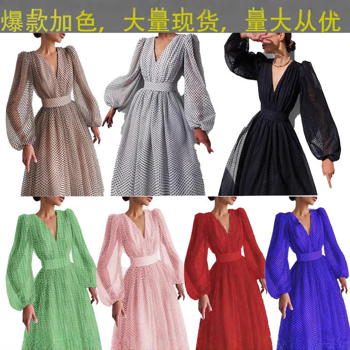 Damen Kleid mit transparentem Puffärmel und floralem Punkte-Design Drune