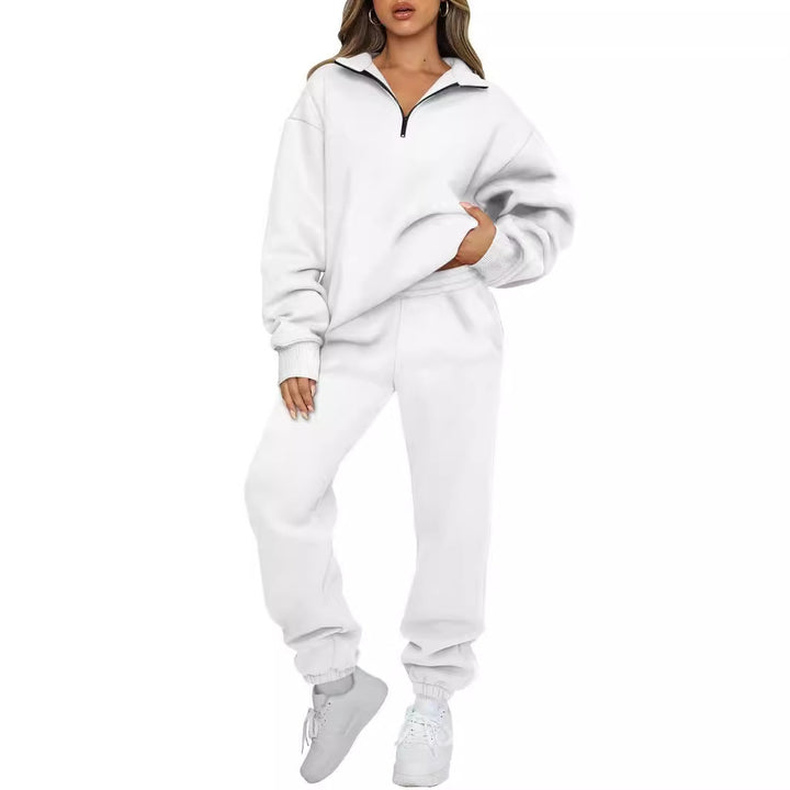 Damen nan Halbzip-Loungewear-Set mit übergroßem Kragenpullover und taillierter Jogginghose mit elastischem Bund Drune