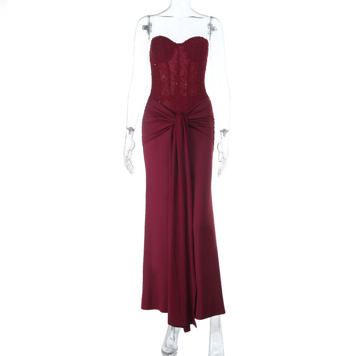 Damen schickes Maxikleid mit elegantem Bustier-Oberteil und gerafftem Rock Drune